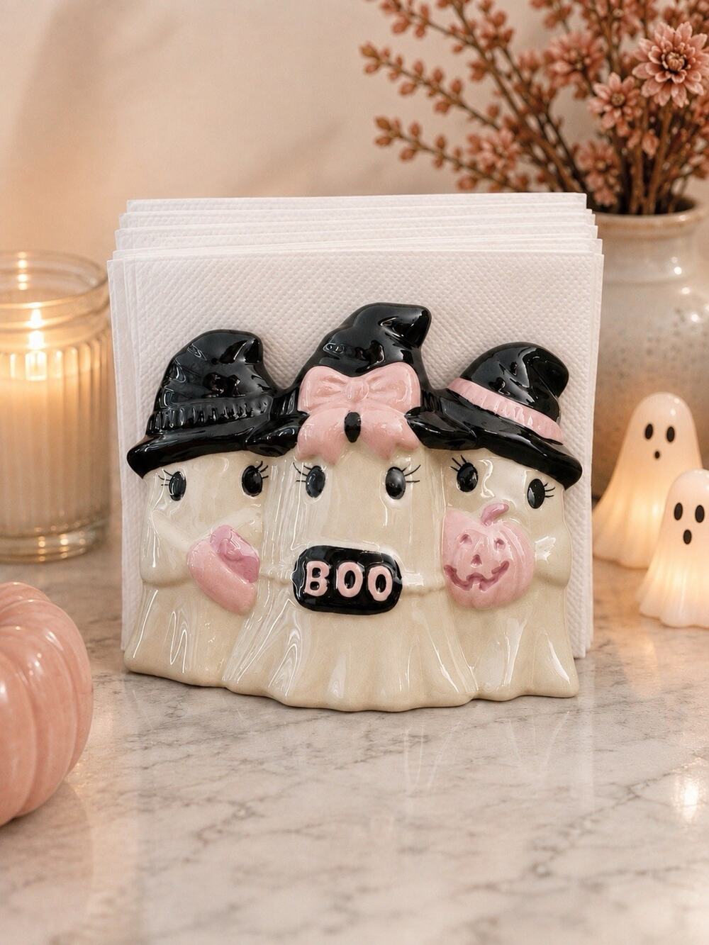 Little Village Transpac Pinkoween Ghost Trio with Witch Hats Napkin Holder